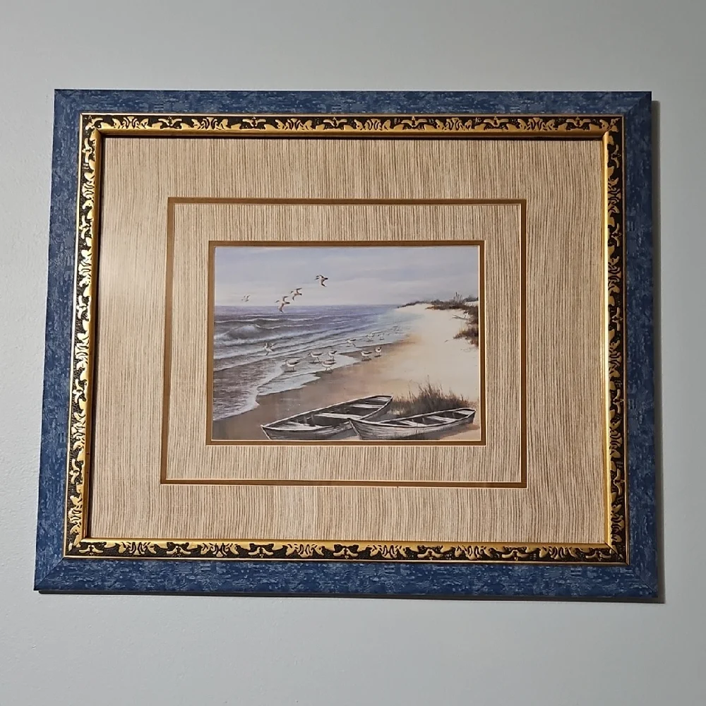 Vintage Elegant Coastal Framed Art with Blue and Gold Accents